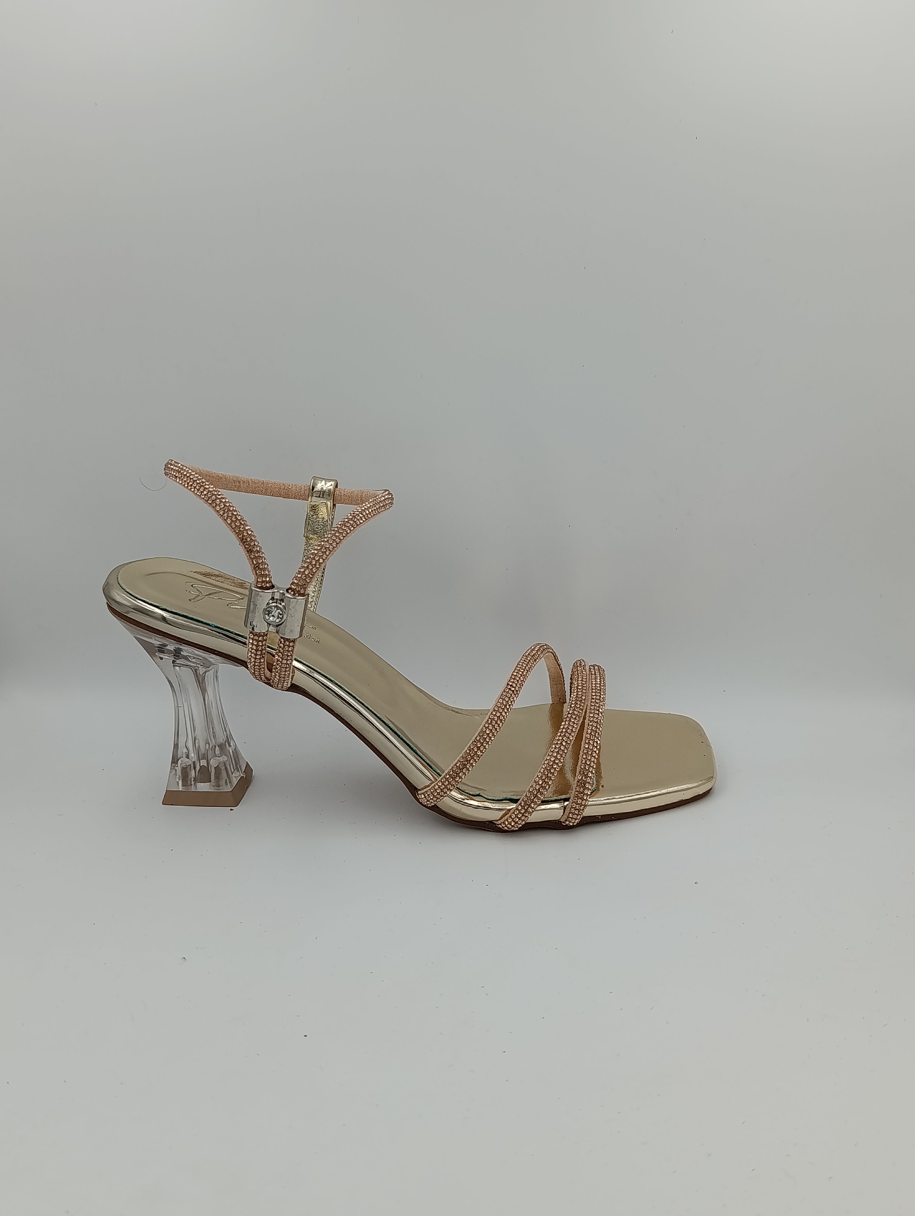 Rose Gold Taşlı Bantlı 8 Cm Şeffaf Kadeh Topuklu Rose Gold Kadın Ayakkabı