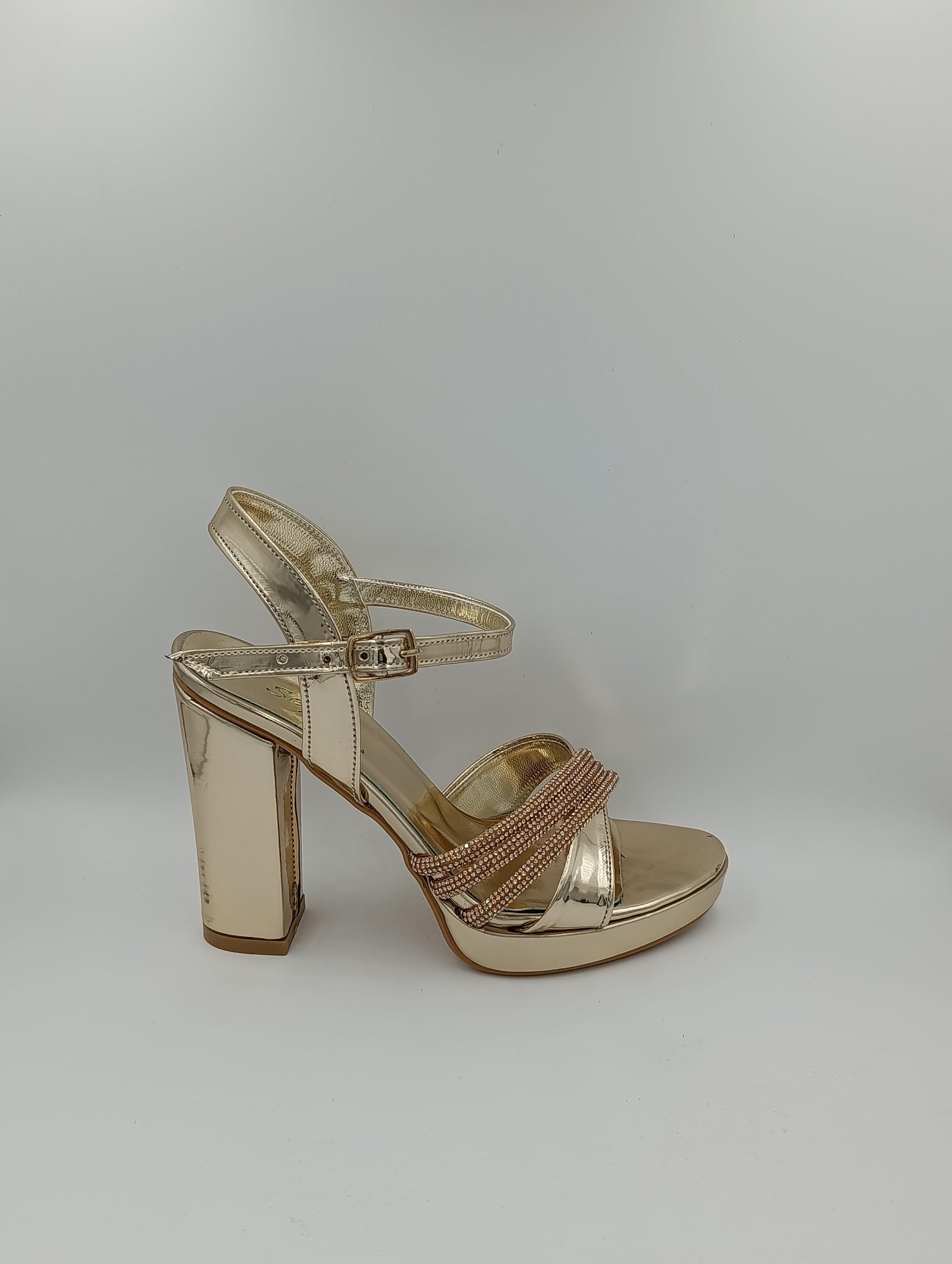 Çapraz Bantlı Kalın Topuk 12 Cm Gold Suni Deri Rugan Platform