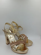Çapraz Bantlı Kalın Topuk 12 Cm Gold Suni Deri Rugan Platform