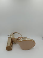 Çapraz Bantlı Kalın Topuk 12 Cm Gold Suni Deri Rugan Platform