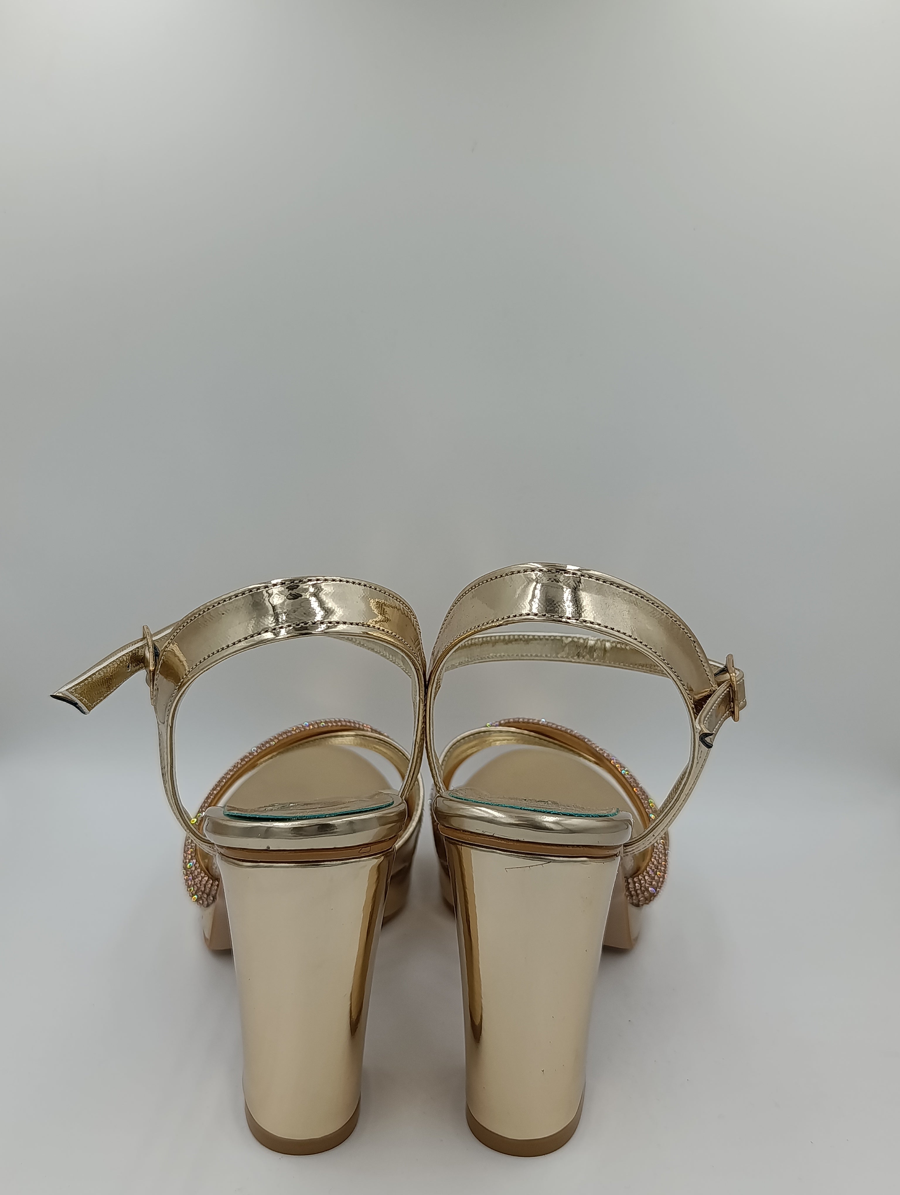 Çapraz Bantlı Kalın Topuk 12 Cm Gold Suni Deri Rugan Platform