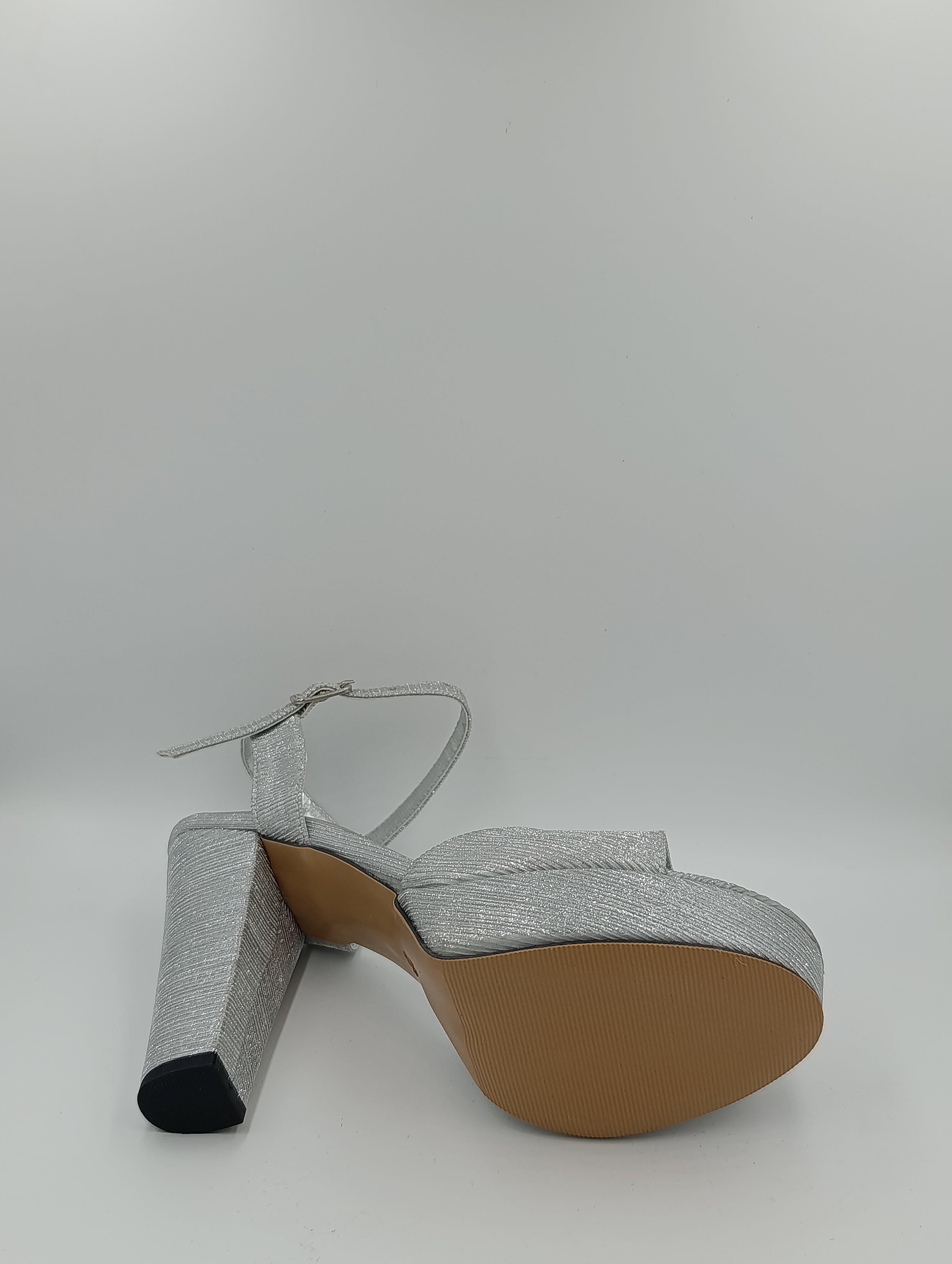 Düz Bantlı Kalın Topuk 12 Cm Gümüş Işıltılı Platform