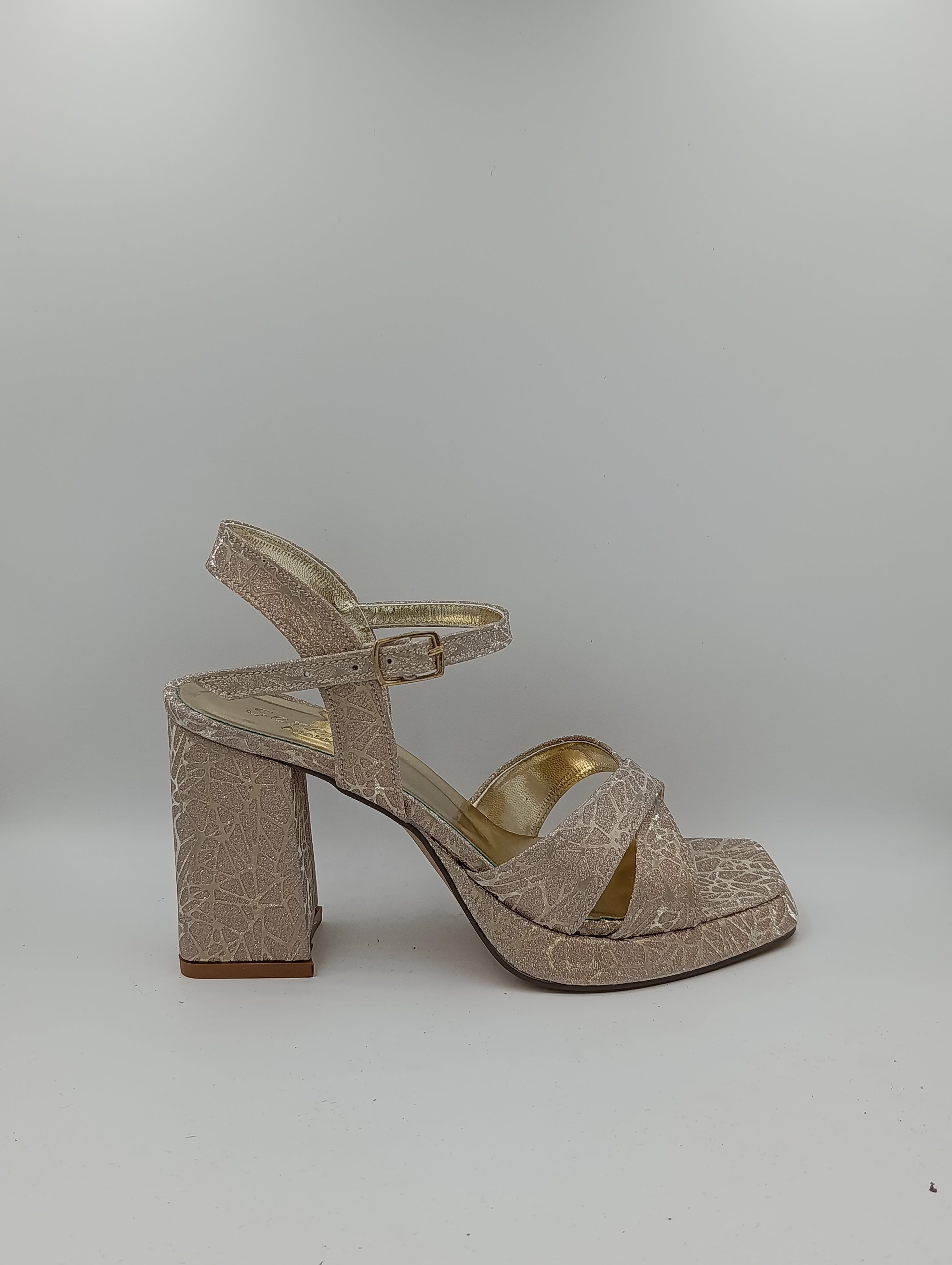 Çapraz Bantlı Kalın Topuk 10 Cm Rose Gold Işıltılı Platform