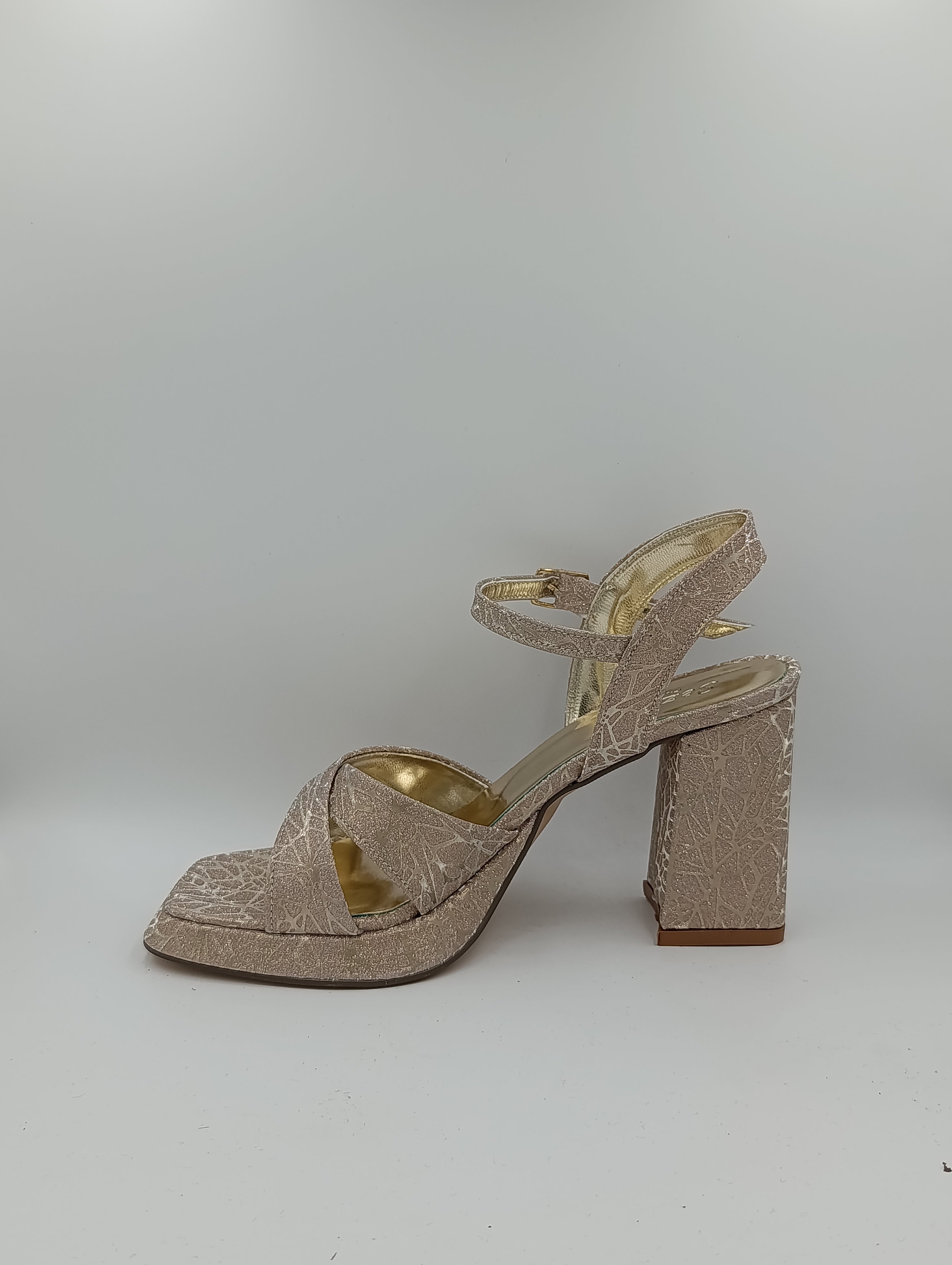 Çapraz Bantlı Kalın Topuk 10 Cm Rose Gold Işıltılı Platform
