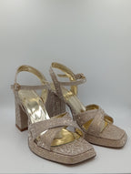 Çapraz Bantlı Kalın Topuk 10 Cm Rose Gold Işıltılı Platform