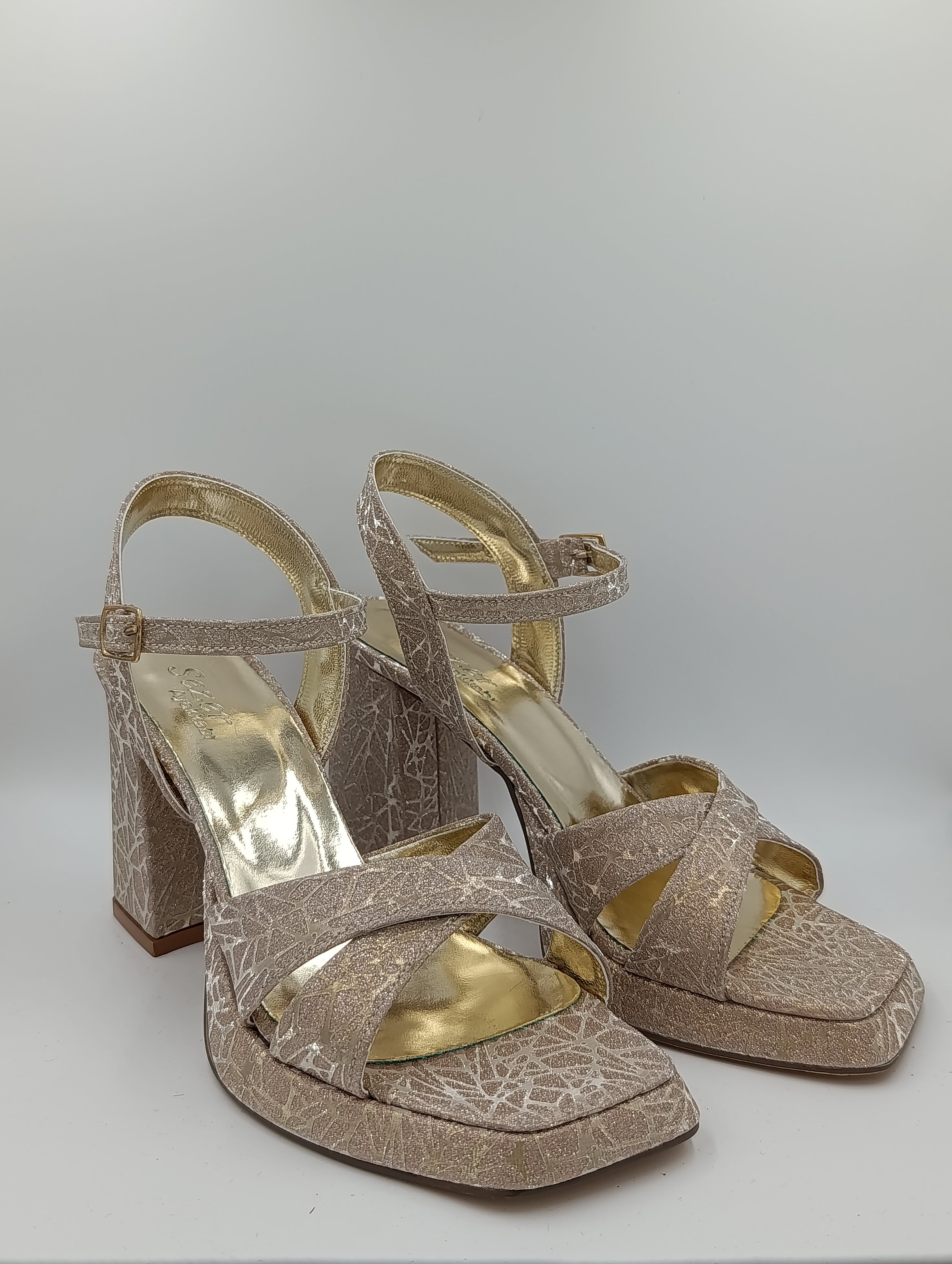 Çapraz Bantlı Kalın Topuk 10 Cm Rose Gold Işıltılı Platform