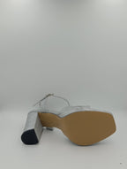 Çapraz Bantlı Kalın Topuk 10 Cm Gümüş Işıltılı Platform