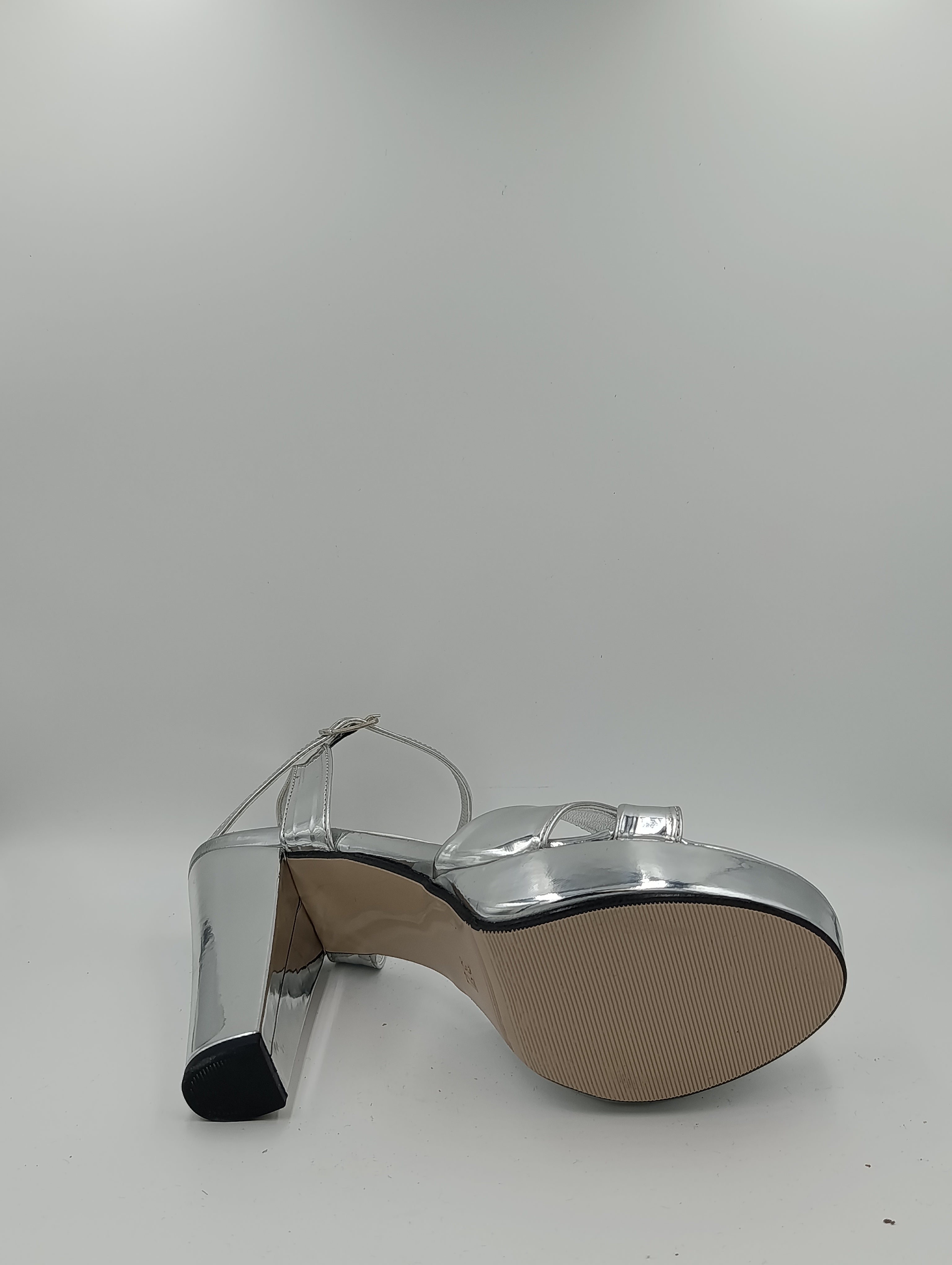 Çapraz Bantlı Kalın Topuk 12 Cm Gümüş Rugan Platform