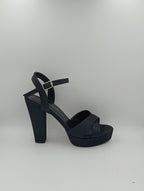 Çapraz Bantlı Kalın Topuk 12 Cm Siyah Saten Platform