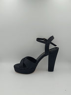Çapraz Bantlı Kalın Topuk 12 Cm Siyah Saten Platform