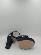 Çapraz Bantlı Kalın Topuk 12 Cm Siyah Saten Platform