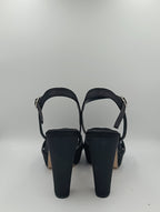 Çapraz Bantlı Kalın Topuk 12 Cm Siyah Saten Platform