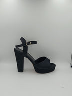 Düz Bantlı Kalın Topuk 12 Cm Siyah Saten Platform