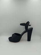 Düz Bantlı Kalın Topuk 12 Cm Siyah Saten Platform