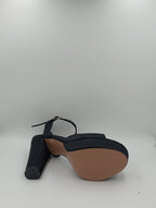 Düz Bantlı Kalın Topuk 12 Cm Siyah Saten Platform