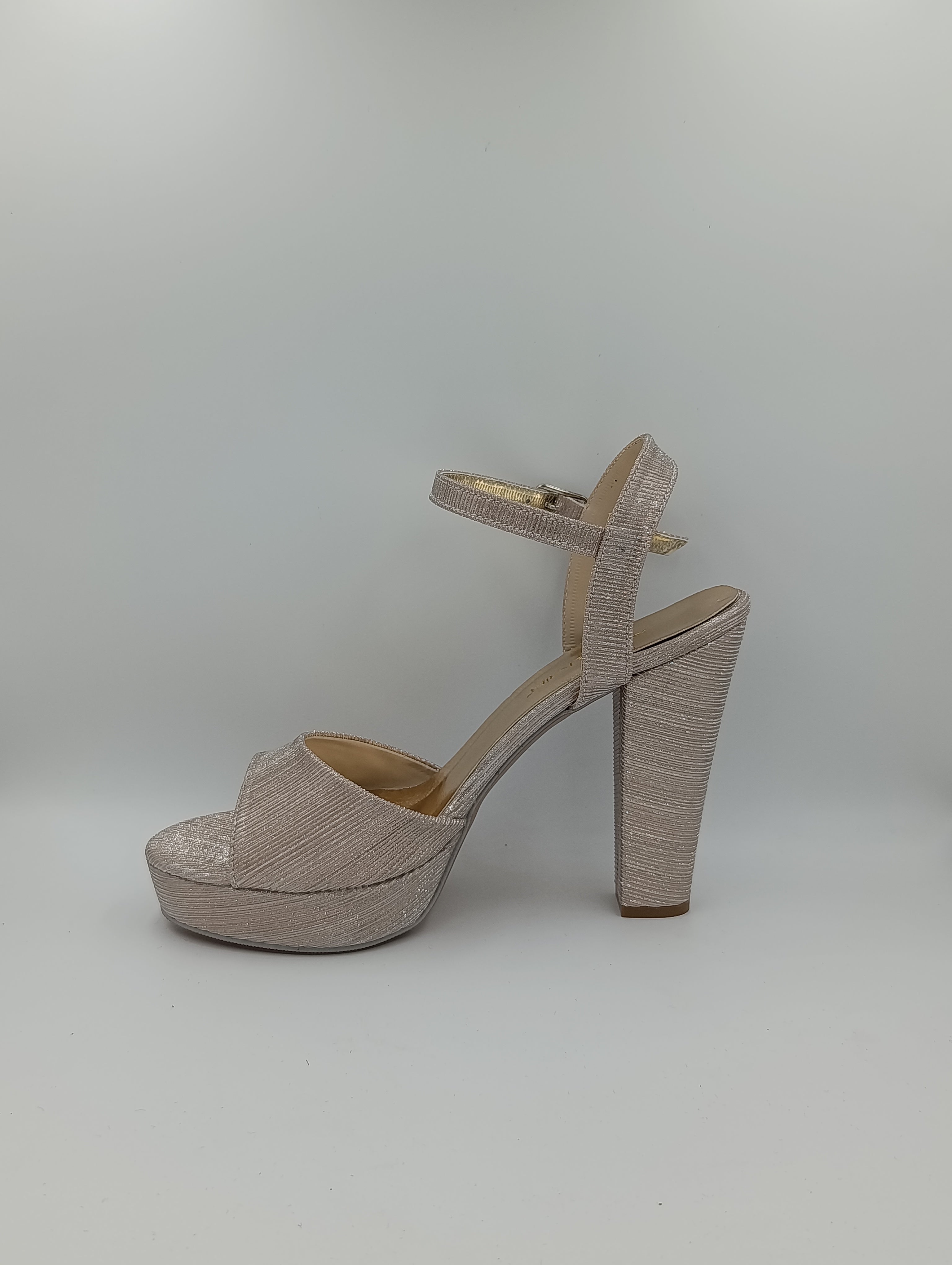 Düz Bantlı Kalın Topuk 12 Cm Rose Gold Işıltılı Platform