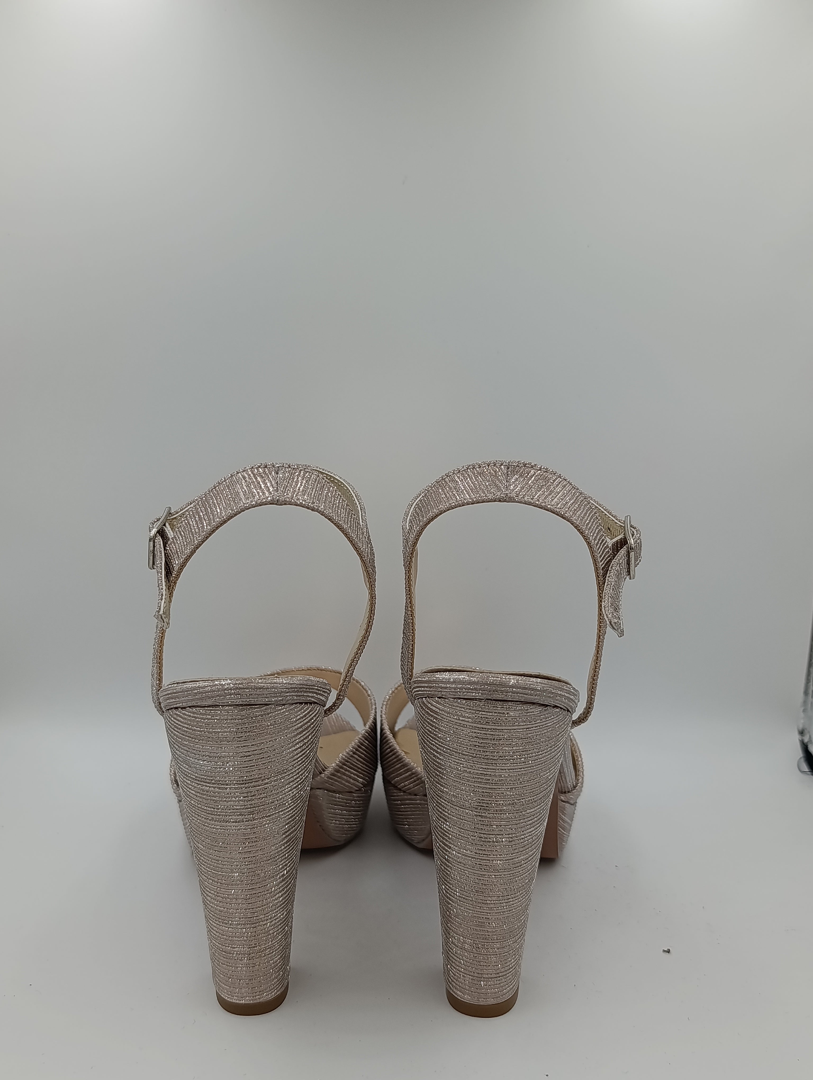 Düz Bantlı Kalın Topuk 12 Cm Rose Gold Işıltılı Platform