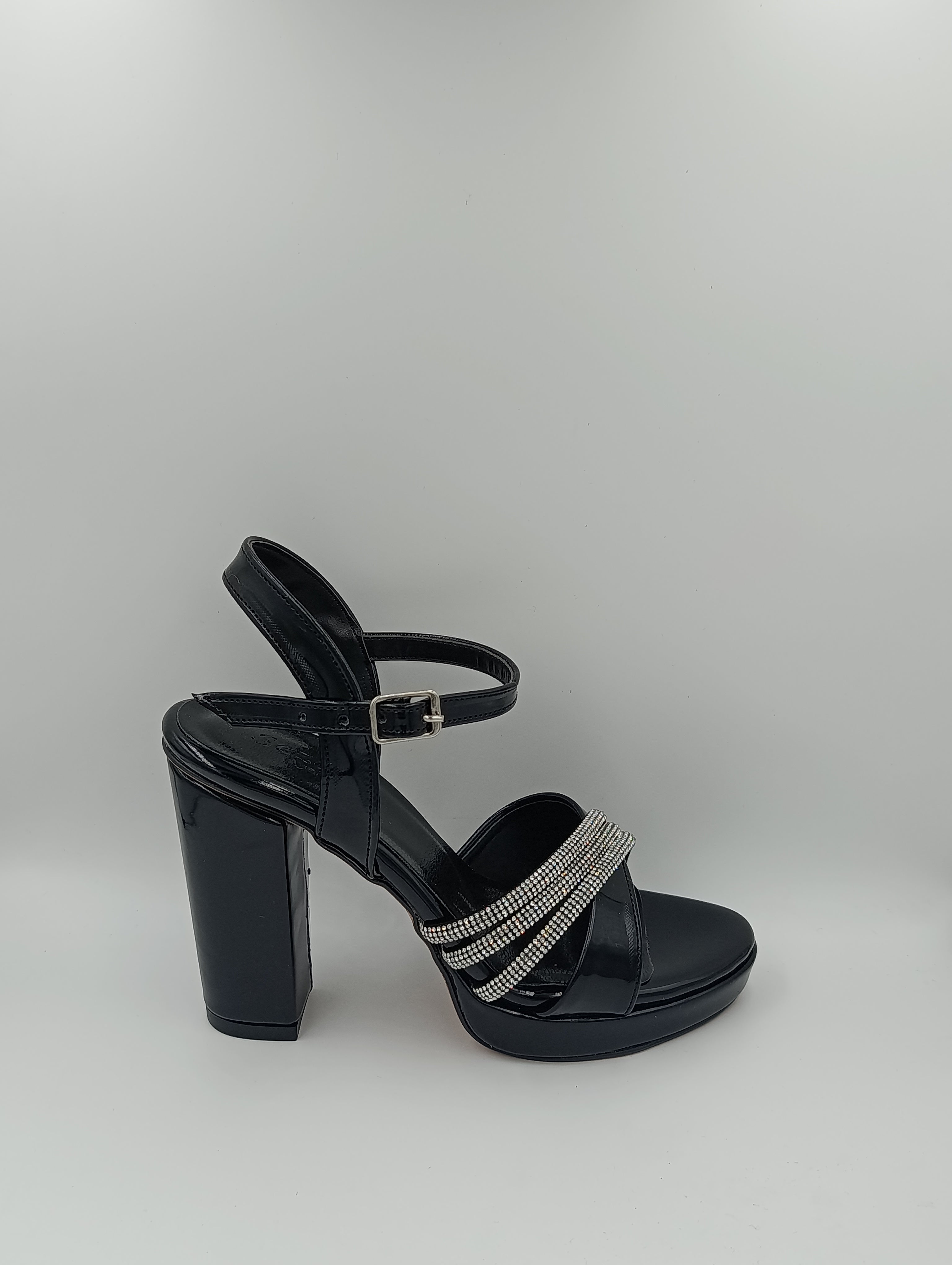Çapraz Bantlı Kalın Topuk 12 Cm Siyah Rugan Taşlı Platform