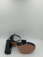 Çapraz Bantlı Kalın Topuk 12 Cm Siyah Rugan Taşlı Platform