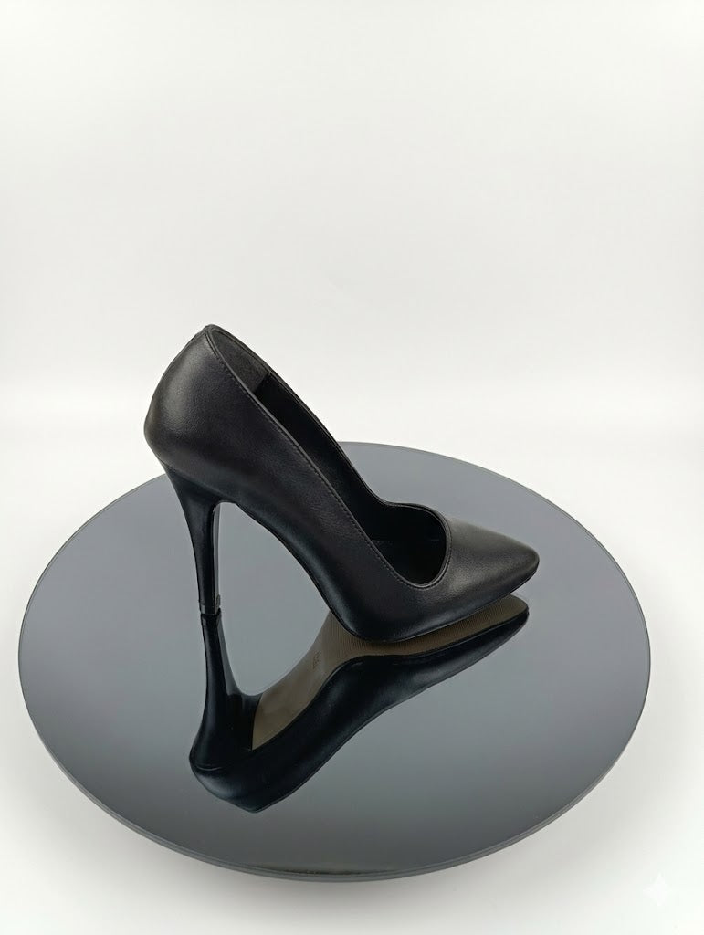 Premium Siyah Suni Deri İnce Topuk Stiletto