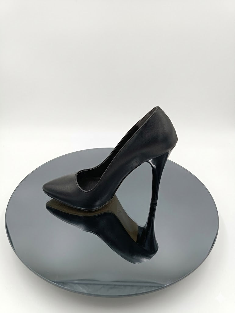 Premium Siyah Suni Deri İnce Topuk Stiletto